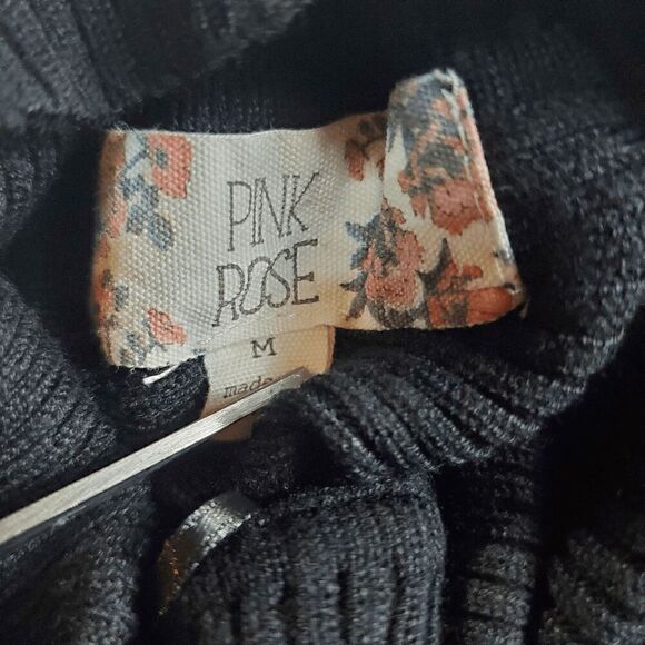 Pink Rose Knit Sweater Womens Medium Black Ribbed Rayon Raglan Sleeve Turtleneck - Picture 2 of 7